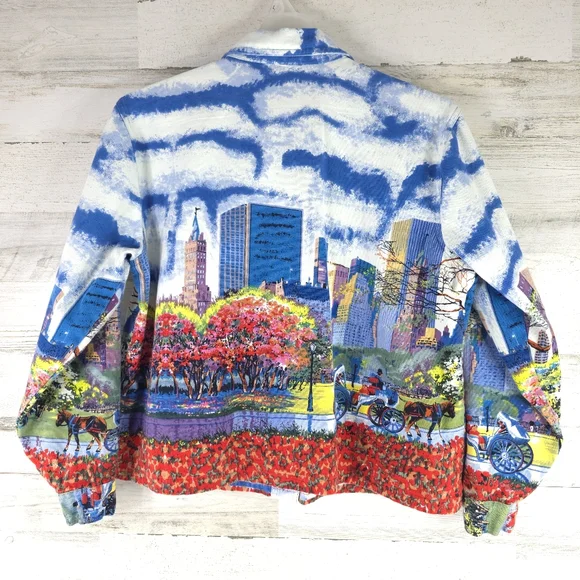 TAKE TWO Colorful Cityscape Denim Jacket WOMENS SIZE LARGE W/POCKETS 100% COTTON - Picture 2 of 16